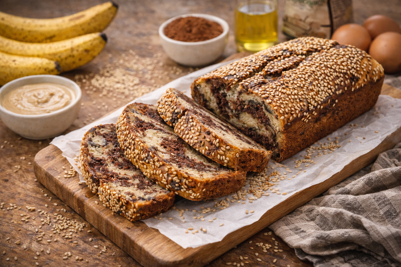 Szezámmagos banánkenyér (gluténmentes, hozzáadott cukor nélkül) 